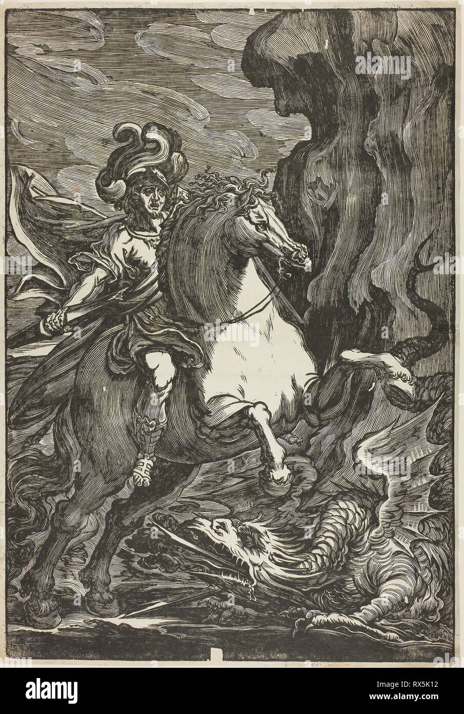 St. Georg und der Drache. Guiseppe Scolari; Italienisch, blühte, 1550-1600. Datum: 1550-1600. Abmessungen: . Holzschnitt auf Elfenbein Bütten. Herkunft: Italien. Museum: Das Chicago Art Institute. Thema: Giuseppe Scolari. Stockfoto