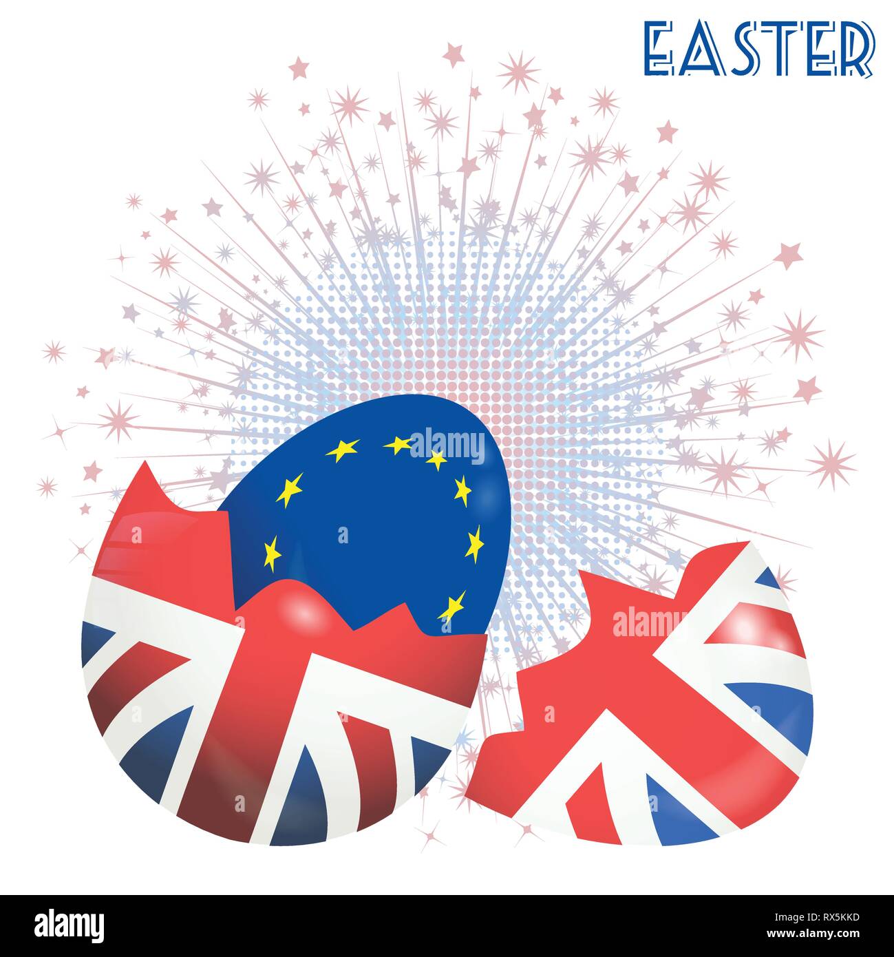 Osterei mit britischer Flagge gebrochen und zeigt in einem Osterei mit europäischen Fahne auf weißem Hintergrund mit Star Burst Stock Vektor