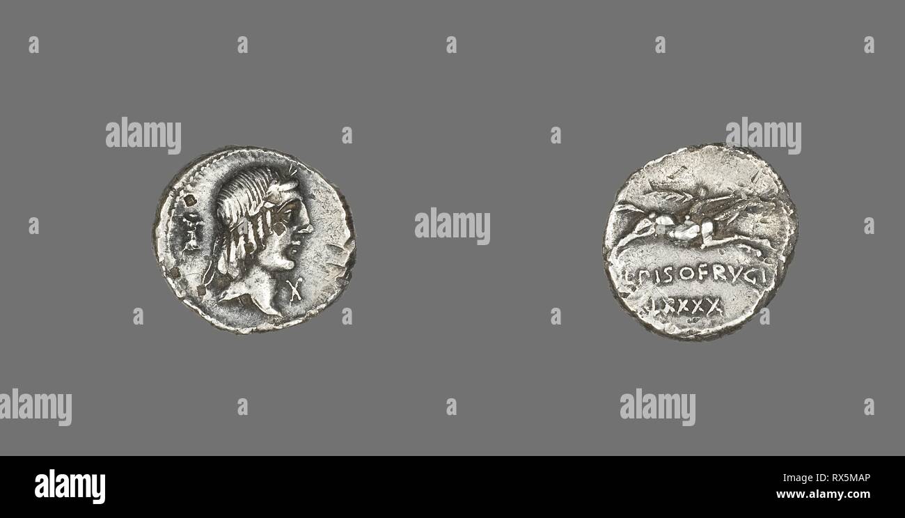 Denar (Münze), den Gott Apollo. Roman, in Rom geprägt. Datum: 90 BC. Abmessungen: Durchm. 1,8 cm; 3,93 g. Silber. Herkunft: Italien. Museum: Das Chicago Art Institute. Thema: Alte römische. Stockfoto