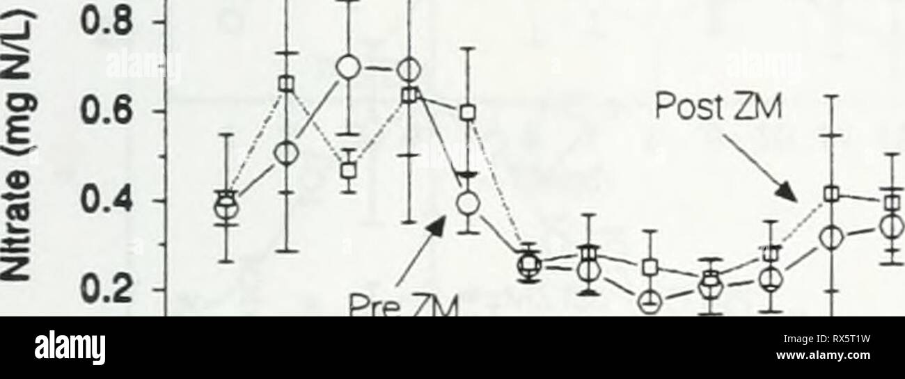 Auswirkungen der Dreikantmuscheln auf Wirkungen von Zebra Muscheln auf Chlorophyll, Stickstoff, Phosphor und Silizium in North shore Wasser des Lake Erie effectsofzebramu 00 ontauoft Jahr: 1997 Pre ZM, ¥^^^ POStZM 0,1 0,08 t 0,06 I 0,04 I c 0,02 ^ 0 1 2 3 4 5 6 7 8 9 10 11 12 Monat Dunnville PreZM 1 2 3 4 5 6 7 8 9 10 11 12 Monat Dunnville Post ZM T 1 2 3 4 5 6 7 8 9 10 11 12 Monat Stockfoto