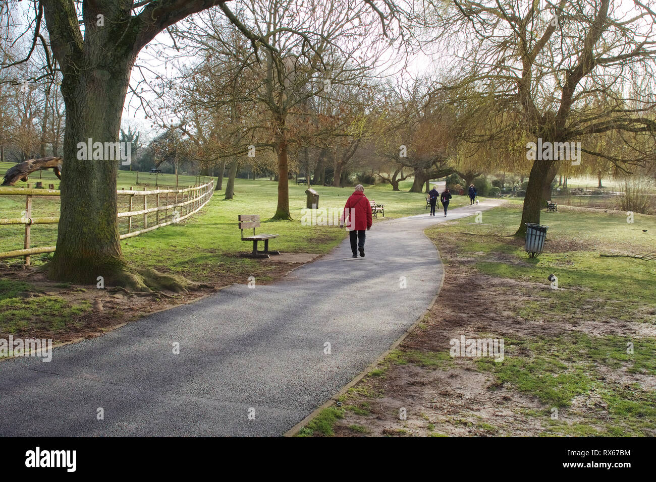 Billericay, Essex, Großbritannien. 8. März, 2019. UK Wetter: Sonniger Start in den Tag in Billericay - ein Blick von Menschen zu Fuß durch den See Lake Credit: Ben Rektor/Alamy leben Nachrichten Stockfoto