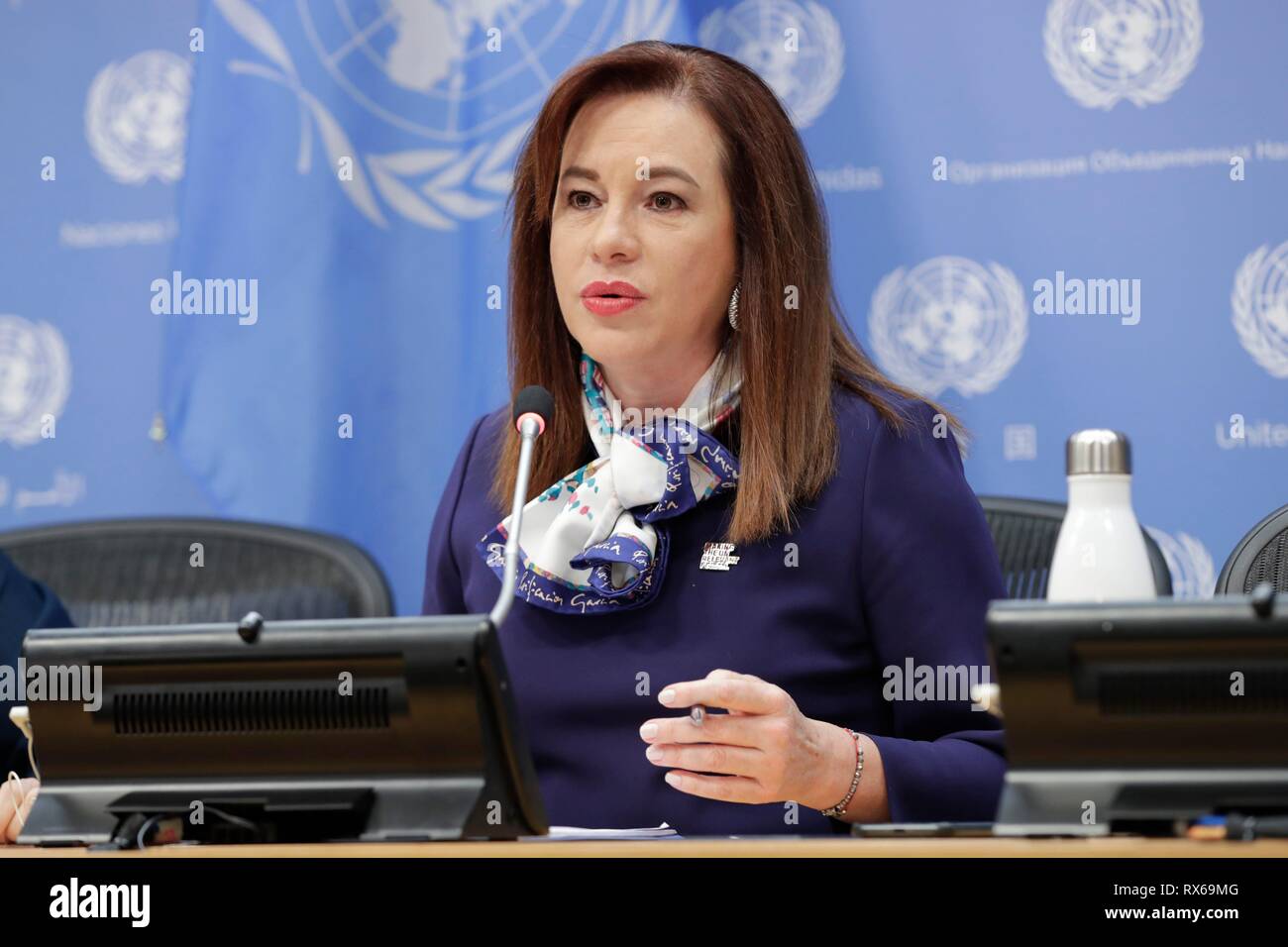 Vereinten Nationen, New York, USA, März 08, 2019 - Pressekonferenz von Maria Fernanda Espinosa Garces, Präsident der Generalversammlung anlässlich des Internationalen Frauentags heute am Hauptsitz der Vereinten Nationen in New York. Foto: Luiz Rampelotto/EuropaNewswire | Verwendung weltweit Stockfoto