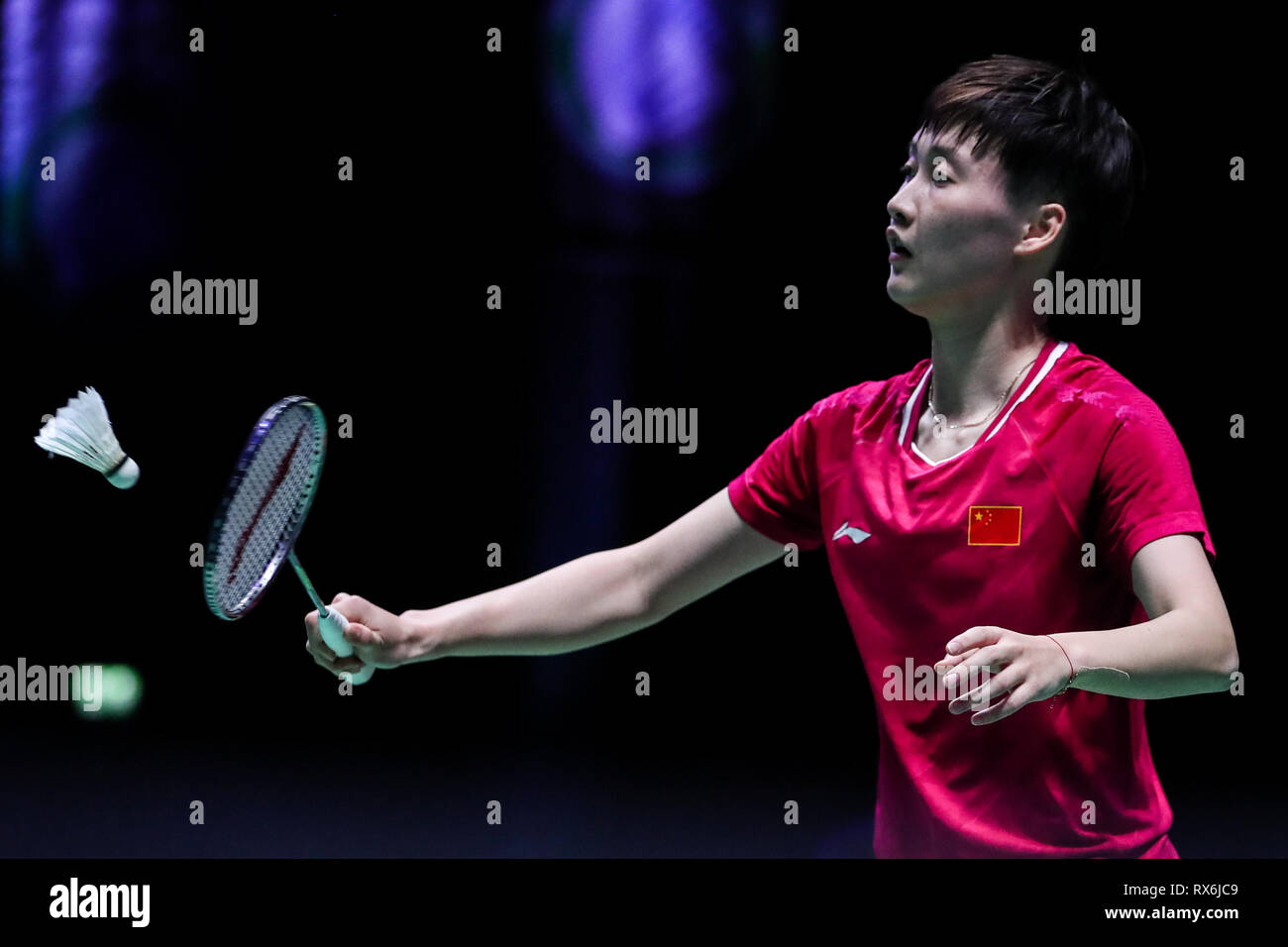 Birmingham. 8 Mär, 2019. Chinas Chen Yufei konkurriert während singles Viertel der Frauen finale Match mit Südkoreas Sung Ji Hyun bei den All England Open Badminton Championships 2019 in Birmingham, Großbritannien am 8. März 2019. Credit: Tang Shi/Xinhua/Alamy leben Nachrichten Stockfoto