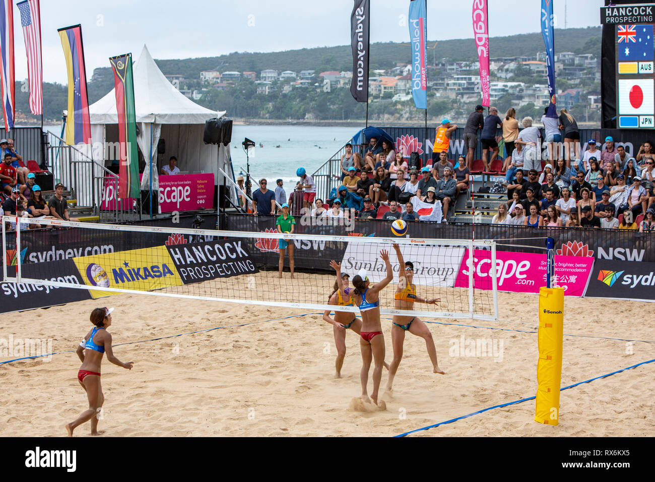 Sydney, Australien, 9. Mär 2019. Viertelfinale Tag, Australien spielen Japan, an Volleyfest2019, ein fivb Beach Volleyball World Tour Turnier zum 5. Mal an der Manly Beach in Sydney, Australien, statt. Samstag, 9. März 2019. Quelle: Martin Berry/Alamy leben Nachrichten Stockfoto