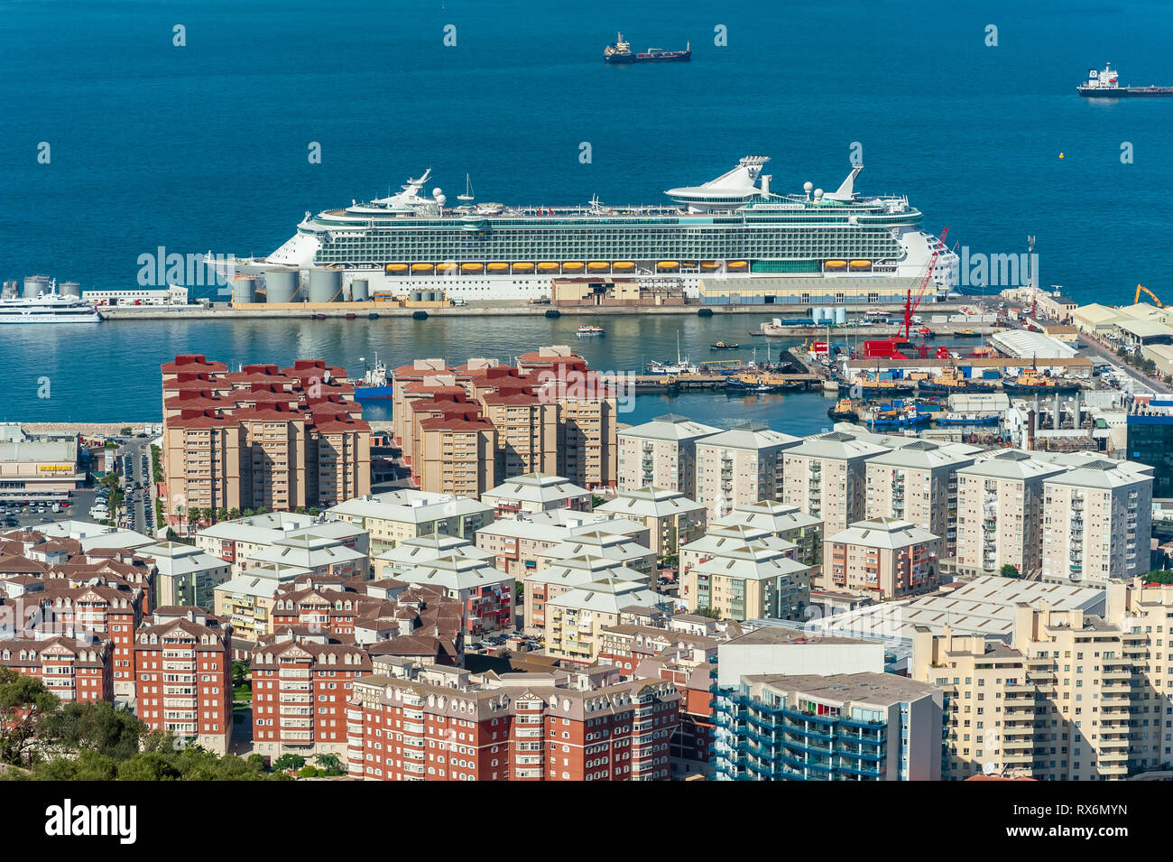 Royal Caribbean Unabhängigkeit der Meere Kreuzfahrtschiff im Hafen an den Felsen von Gibraltar. Stockfoto