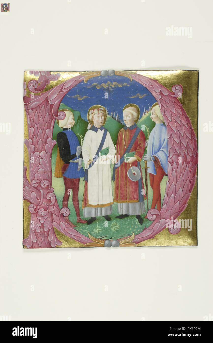 Vier Heiligen in einem Historisierte Initiale "P" von einem Choirbook oder Antiphonal. Norditalienische (Lombardei); Bartolomeo da Rigossi Gallarte (Italienisch, aktive 1460/80). Datum: 1435-1465. Abmessungen: 153 x 151 mm (geschlossen). Manuskript schneiden in Tempera und Blattgold, mit gold Lack, mit abgerundeten Gothica textualis Inschriften in schwarz, rot regiert, auf Pergament. Herkunft: Italien. Museum: Das Chicago Art Institute. Autor: Paolo De Ascone. Stockfoto