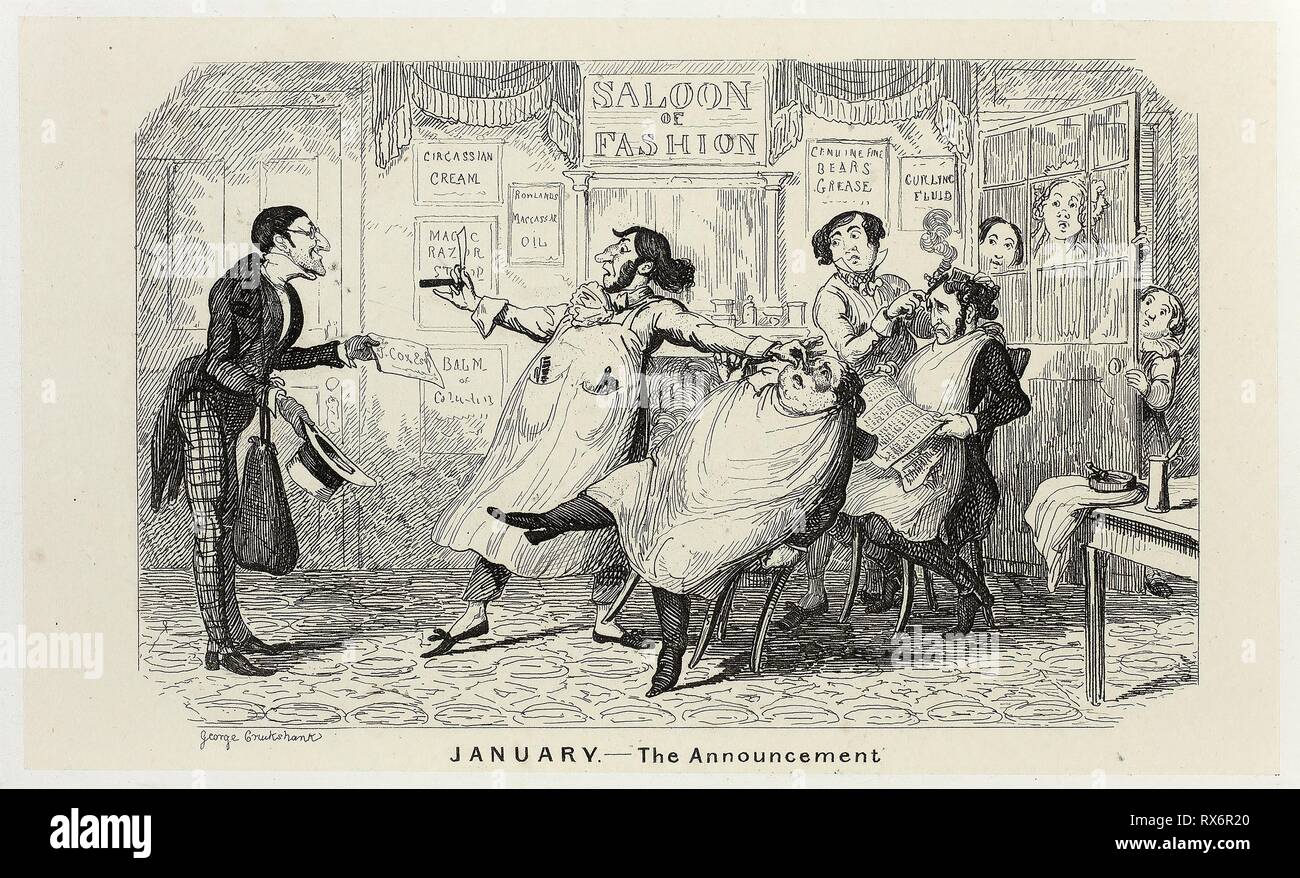 Januar - Die Ankündigung von George Cruikshank Stahl Radierungen auf den Comic Almanacks: 1835-1853. George Cruikshank (Englisch, 1792-1878); von Pickering & Amp; Chatto (Englisch, 19. Jahrhundert). Datum: 1840. Abmessungen: 93 × 155 mm (Primary Support); 223 × 285 mm (sekundäre) unterstützen. Stahl ätzen in Schwarz auf Creme Indien Papier, legte sich auf Off-white Card (chine collé). Herkunft: England. Museum: Das Chicago Art Institute. Stockfoto