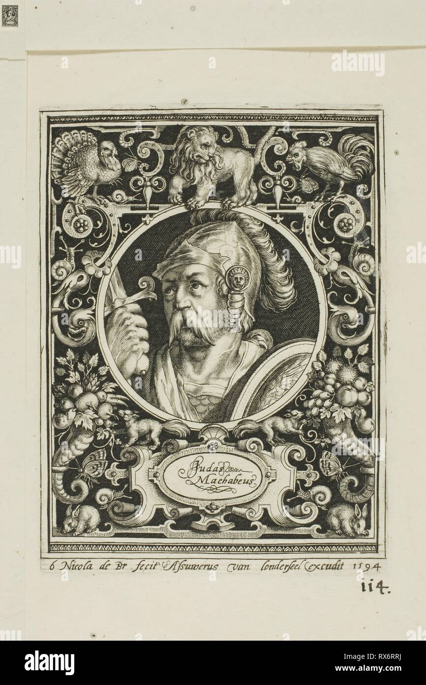 Judas Macabee, Platte sechs von neun Glaubenshelden. Nicolaes de Bruyn (Flämisch, 1571-1656); veröffentlicht durch Assuerus van Londerseel (Flämisch, 1572-1635). Datum: 1594. Abmessungen: 118 × 91 mm (Bild); 124 × 92 mm (Platte); 183 × 145 mm (Blatt). Gravur in Schwarz auf Creme Bütten. Herkunft: Flandern. Museum: Das Chicago Art Institute. Stockfoto