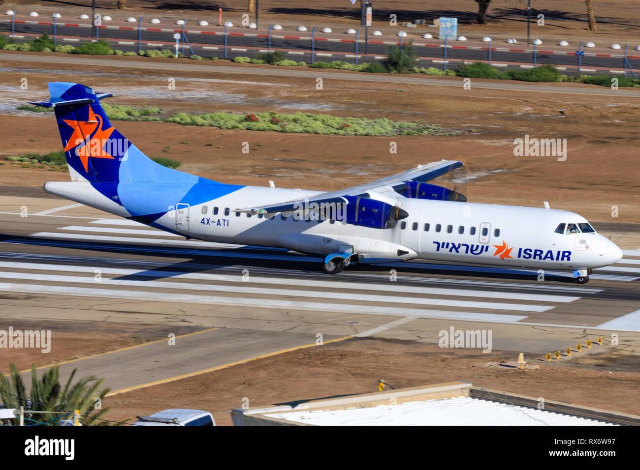 Eilat, Israel - 24. Februar 2019: Israir Airlines ATR 72-200 am alten Eilat International Airport. Stockfoto