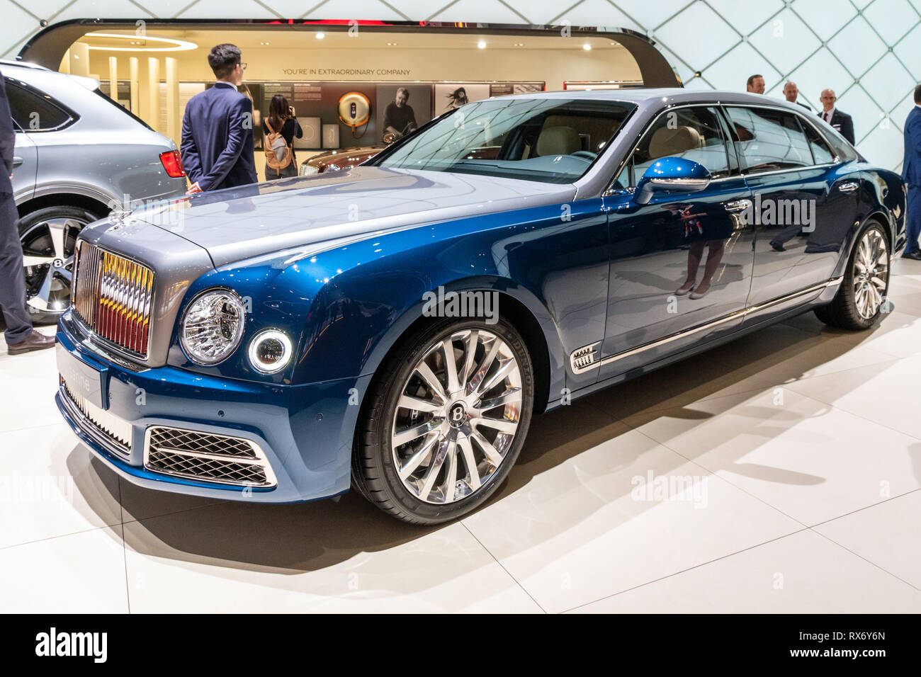 Genf, Schweiz - 6. MÄRZ 2018: Bentley Mulsanne luxus Auto auf dem 88. Internationalen Automobilsalon in Genf präsentiert. Stockfoto