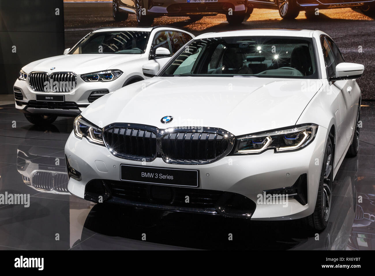 Genf, Schweiz - 5. MÄRZ 2019: Neue BMW 3er Auto auf dem 89. Internationalen Automobilsalon in Genf präsentiert. Stockfoto