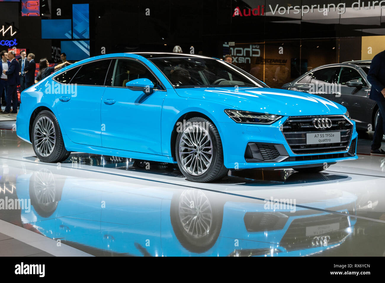 Genf, Schweiz - 5. MÄRZ 2019: Audi A7 Quattro Auto auf dem 89. Internationalen Automobilsalon in Genf präsentiert. Stockfoto
