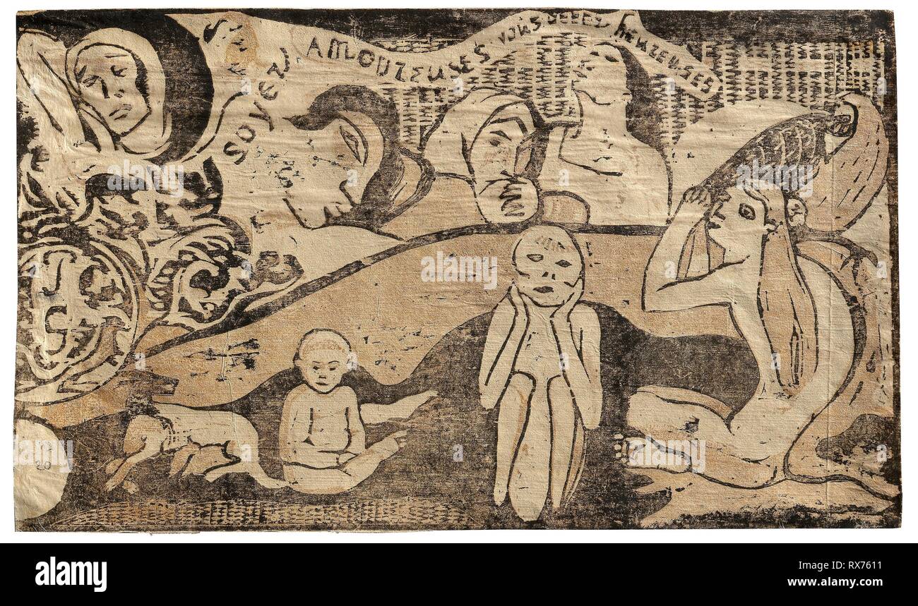 Soyez amoureuses, vous Serez herum heureuses (Liebe, und Sie werden glücklich sein), von der Suite spät Wood-Block druckt. Paul Gauguin; Französisch, 1848-1903. Datum: 1899. Abmessungen: 162 × 275 mm (Bild); 163 × 275 mm (primär/sekundär) unterstützen. Zweiter Staat Eindruck legte sich auf den ersten Eindruck - Holz - Baustein drucken Der zweite Zustand in schwarzer Tinte auf dünnen Elfenbein japanisches Papier, auf Holz-block Drucken der erste Zustand in ockergelb Farbe auf grau-Elfenbein webte Papier (recto); Holz - Block print in Schwarz und Gelb ocker Tinte auf Gräulich-Elfenbein webte Papier (teilweise kompensiert Eindruck des zweiten Staates) (Vers Stockfoto