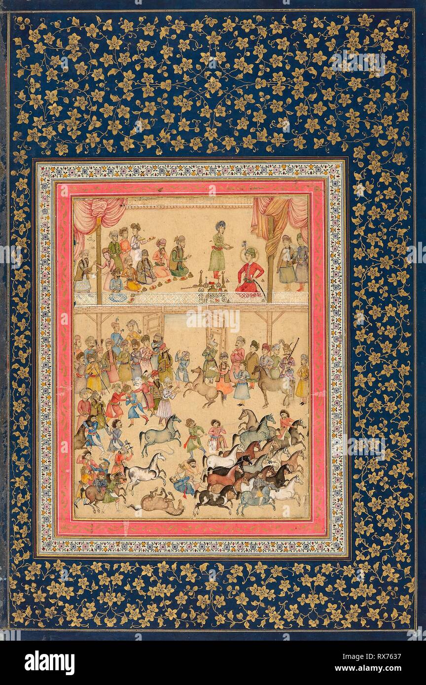 Pferd Inspektion. Iran, wahrscheinlich Isfahan; Ali Quli Jabbadar. Datum: 1650-1675. Abmessungen: Seite: 46,8 × 31,1 cm, Malerei: 23,1 × 17 cm (Seite: 18 1/2 x 12 1/4 in., Malerei: 9 1/8 x 6 11/16 in.). Opak Aquarell und Gold auf Papier. Herkunft: Indien. Museum: Das Chicago Art Institute. Thema: Indo-persischen. Stockfoto