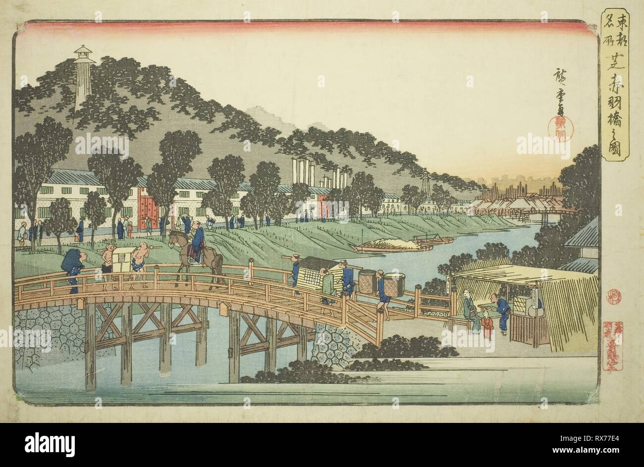 Akabane Brücke in Shiba (Shiba Akabanebashi nicht zu), aus der Serie "Berühmte Orte im Osten der Hauptstadt (Toto Meisho)". Utagawa Hiroshige?? ??; Japanisch, 1797-1858. Datum: 1827-1843. Abmessungen: 25,1 x 38,3 cm (9 7/8 x 15 1/16 in.). Farbe holzschnitt; Oban. Herkunft: Japan. Museum: Das Chicago Art Institute. Stockfoto