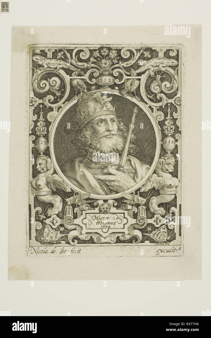 Hector von Troy, Platte aus der Neun Glaubenshelden. Nicolaes de Bruyn (Flämisch, 1571-1656); veröffentlicht durch Assuerus van Londerseel (Flämisch, 1572-1635). Datum: 1594. Abmessungen: 117 × 88 mm (Bild); 124 × 91 mm (Platte); 148 × 112 mm (Blatt). Gravur in Schwarz auf Creme Bütten. Herkunft: Flandern. Museum: Das Chicago Art Institute. Stockfoto
