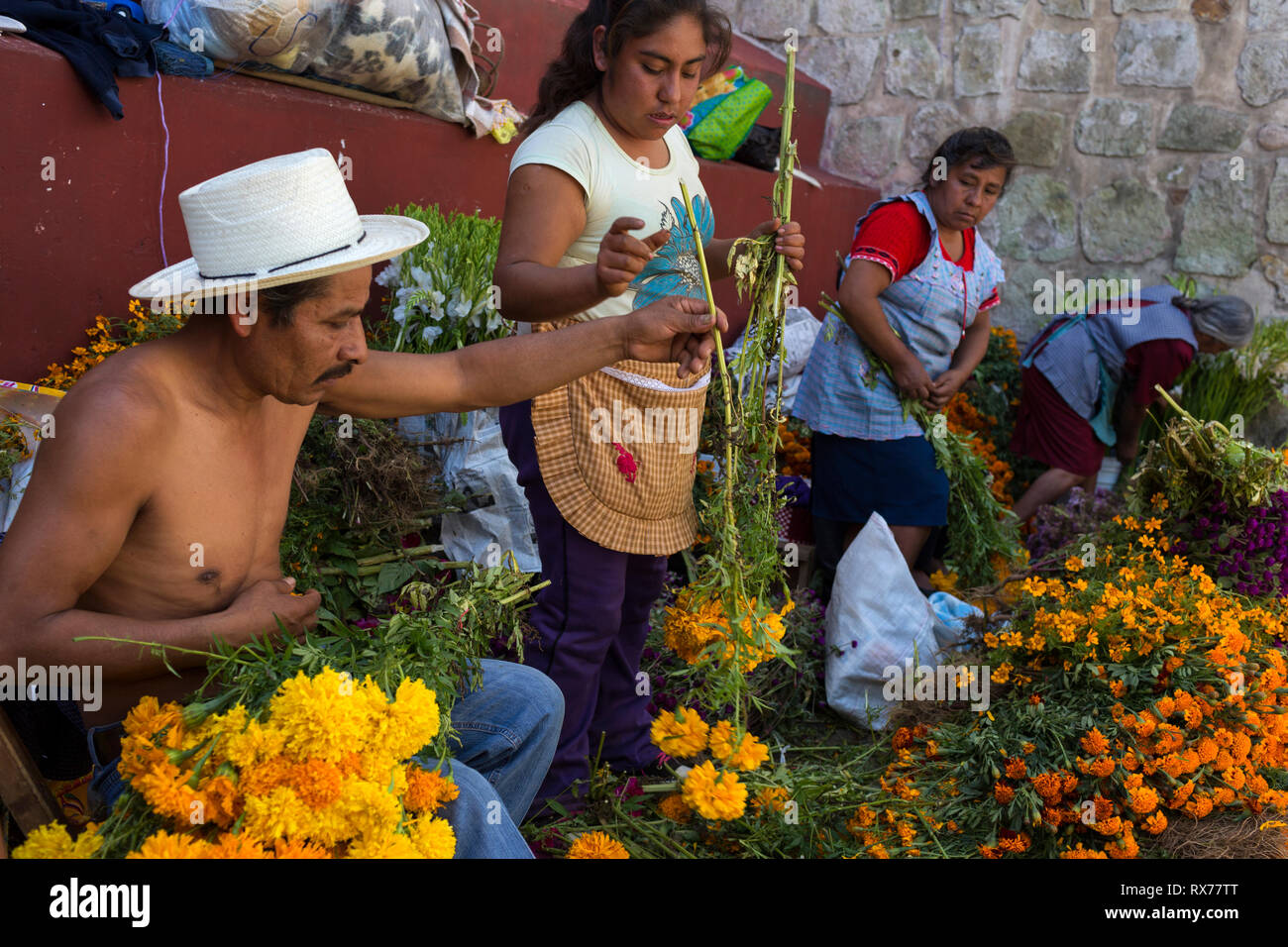 Eine Familie verkauft Blumen für Angebote, die auf den Tag der Toten. Stockfoto