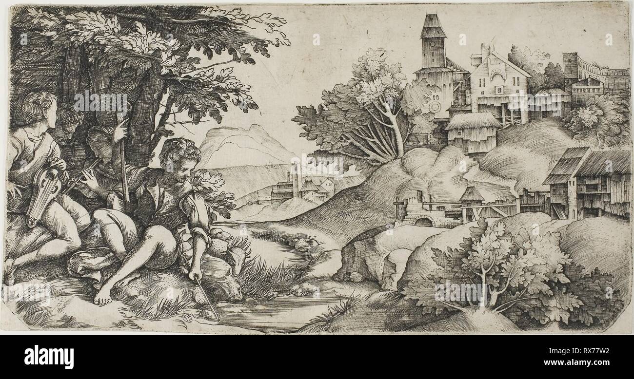 Hirten in einer Landschaft. Giulio Campagnola (Italienisch, C. 1482-1515/18); und Domenico Campagnola (Italienisch, C. 1500-1564). Datum: 1512-1522. Abmessungen: 135 x 258 mm. Gravur in Schwarz auf Elfenbein Bütten. Herkunft: Italien. Museum: Das Chicago Art Institute. Stockfoto