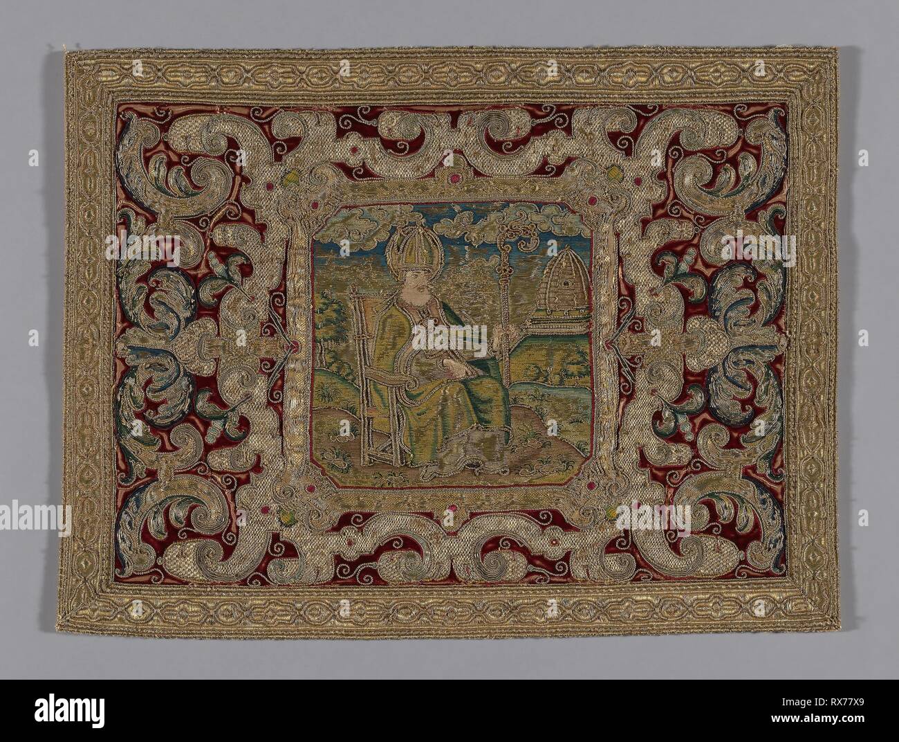 Panel. Italien. Datum: 1550-1570. Abmessungen: 40 x 54,6 cm (15 3/4 x 21 1/2 in.). Seide, Samt weben über Bettwäsche, in Leinwandbindung, mit Seide weben Damast gesäumt; bestickt in Seide und Gold und Silber Metall auf Seide Kern gewickelt. Herkunft: Italien. Museum: Das Chicago Art Institute. Stockfoto