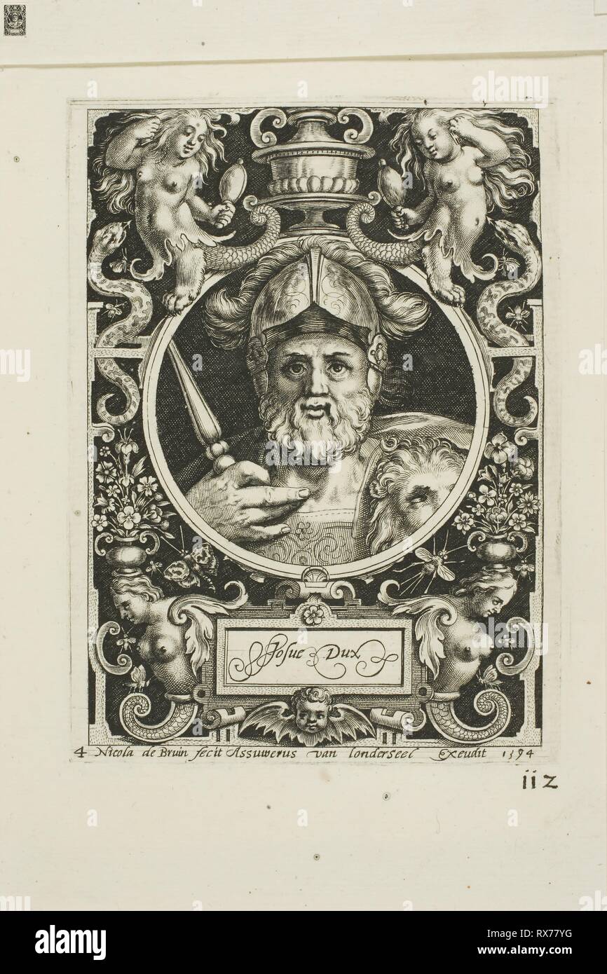 Joshua, Platte vier von neun Glaubenshelden. Nicolaes de Bruyn (Flämisch, 1571-1656); veröffentlicht durch Assuerus van Londerseel (Flämisch, 1572-1635). Datum: 1594. Abmessungen: 119 × 85 mm (Bild); 124 × 92 mm (Platte); 182 × 146 mm (Blatt). Gravur in Schwarz auf Creme Bütten. Herkunft: Flandern. Museum: Das Chicago Art Institute. Stockfoto