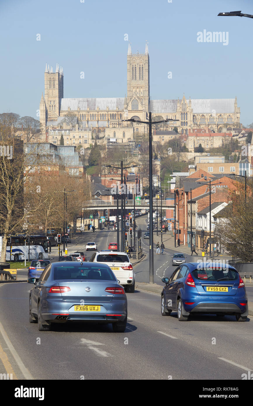 Die Kathedrale von Lincoln von Pelham Brücke übersicht Stau Stockfoto