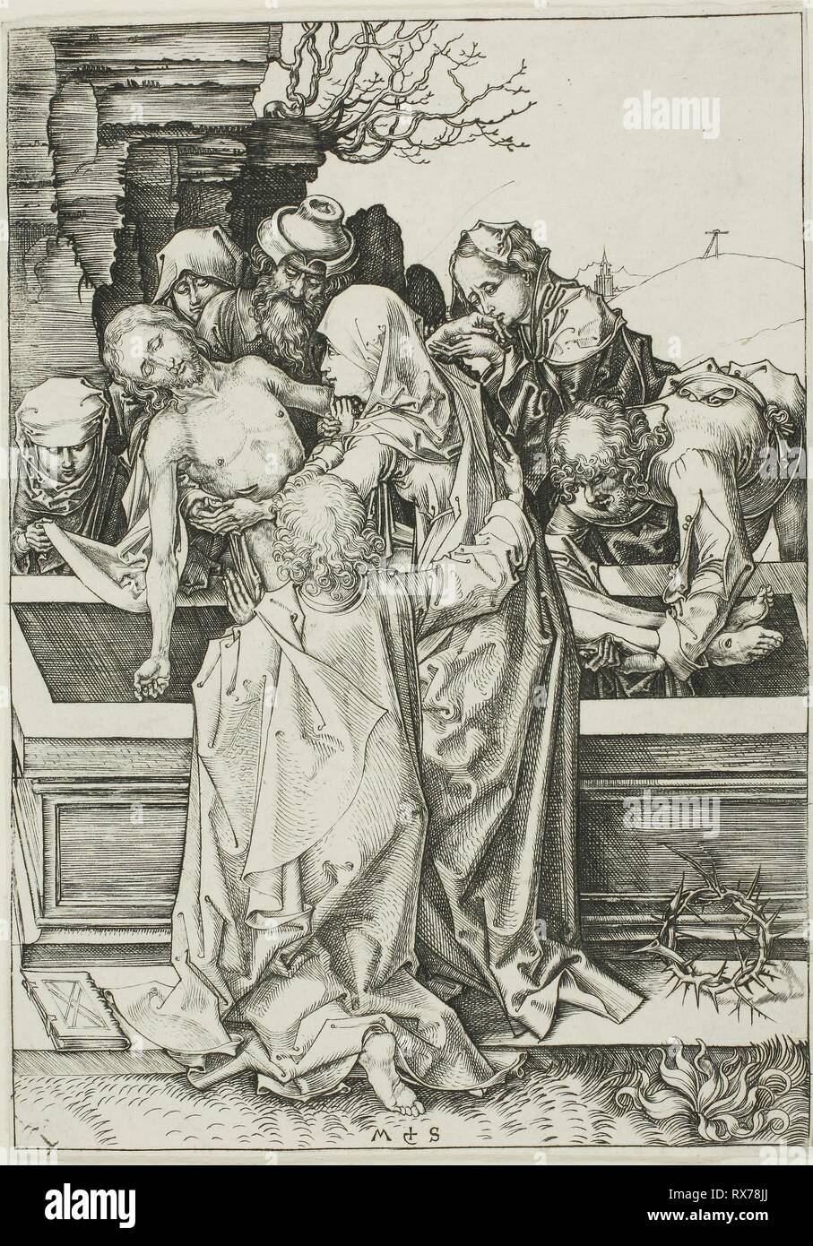 Die grablegung. Martin Schongauer; Deutsch, C. 1450-1491. Datum: 1475-1485. Abmessungen: 165 x 115 mm (Blatt innerhalb der Platte mark getrimmt). Gravur auf Papier. Herkunft: Deutschland. Museum: Das Chicago Art Institute. Stockfoto