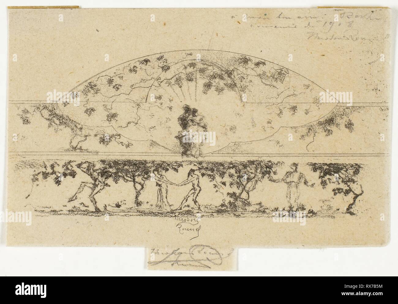 Jupiter und Alkmene und Nymphen und Satyrn auf einem Fries Medaillon, Studie für die Dekoration von einem Rahmen. Theodore Roussel; Französisch, in England, 1847-1926 gearbeitet. Datum: 1907-1908. Abmessungen: 35 x 80 mm (Bild); 50 × 80 mm (Platte); 55 × 80 mm (Blatt). Ätzen und weichen Boden in Schwarz auf Creme Bütten. Herkunft: England. Museum: Das Chicago Art Institute. Stockfoto