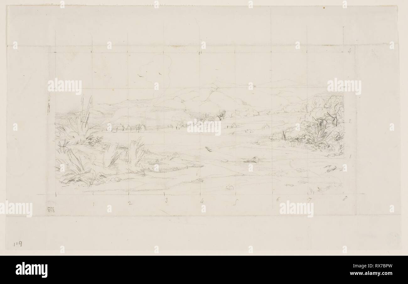 Die Kleine französische Kolonie in Akaroa, 1845. Charles Meryon; Französisch, 1821-1868. Datum: 1865. Abmessungen: 125 × 201 mm. Graphit auf Papier Elfenbein webten. Herkunft: Frankreich. Museum: Das Chicago Art Institute. Stockfoto