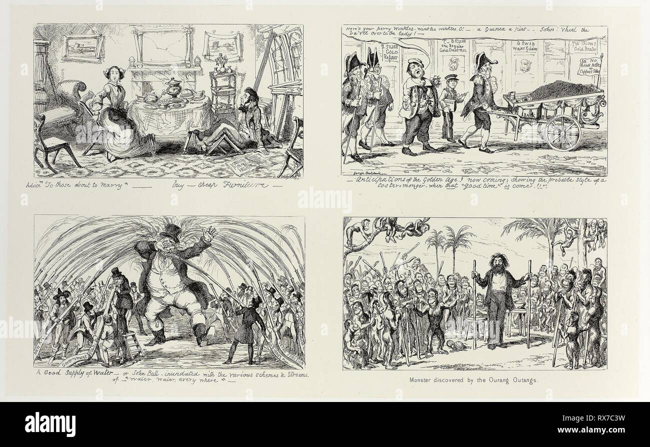 Beratung zu machen und zu heiraten" - Kaufen Sie Preiswerte Möbel von George Cruikshank Stahl Radierungen auf den Comic Almanacks: 1835-1853 (oben links). George Cruikshank (Englisch, 1792-1878); von Pickering & Amp; Chatto (Englisch, 19. Jahrhundert). Datum: 1852. Abmessungen: 211 × 342 mm (Primary Support); 341 × 506 mm (sekundäre) unterstützen. Vier stahl Radierungen in Schwarz auf Creme Indien Papier, legte sich auf Off-white Card (chine collé). Herkunft: England. Museum: Das Chicago Art Institute. Stockfoto