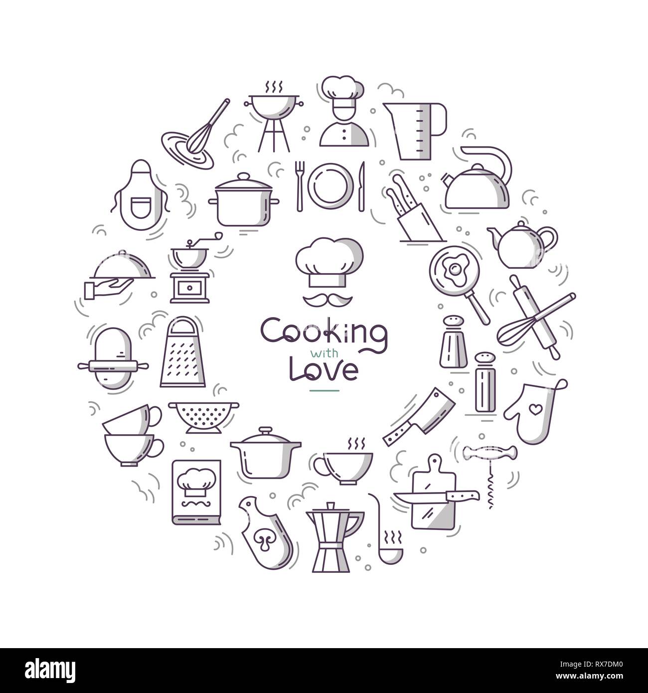 Kochen mit Liebe kreisförmigen Hintergrund von linienstil Flachbild Symbole auf das Thema der Küche und Kochen mit Schriftzug. Stock Vektor