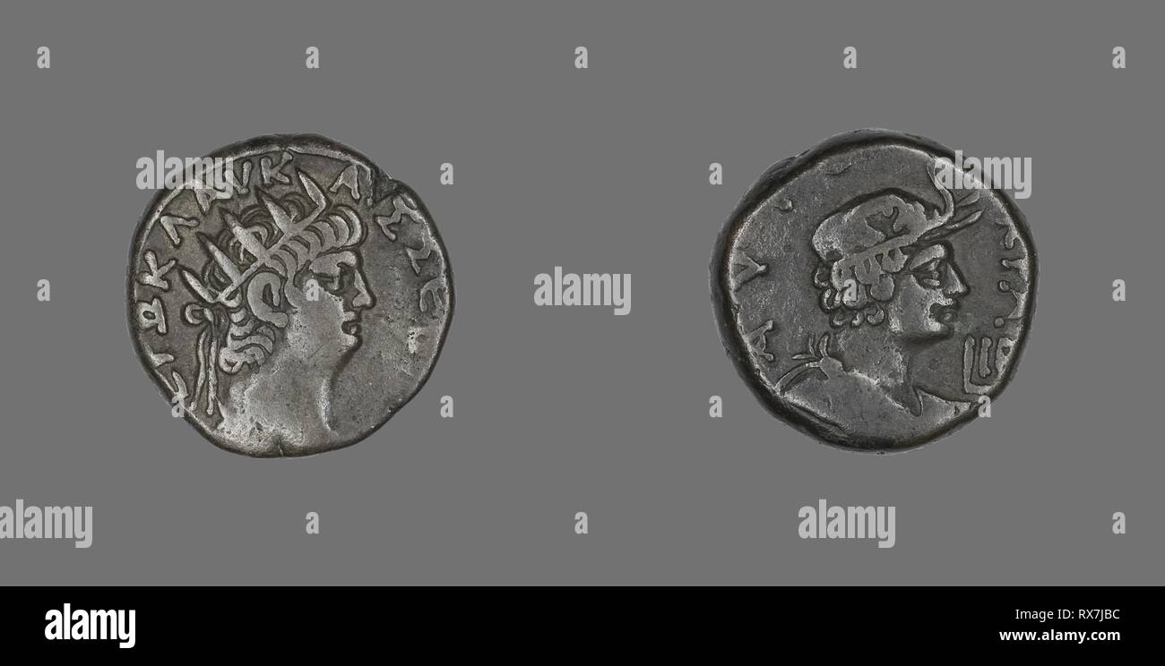 Tetradrachme (Münze) Darstellung von Kaiser Nero. Roman, in Alexandria, Ägypten. Datum: 54 AD-68 AD. Abmessungen: Durchm. 2.3 cm; 13.02 g. Billon. Herkunft: Ägypten. Museum: Das Chicago Art Institute. Thema: Alte ägyptische. Stockfoto