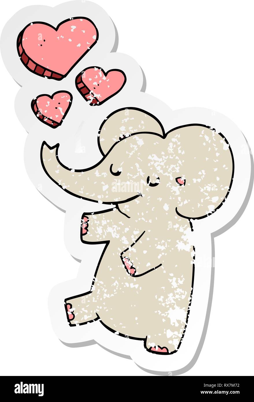Distressed Aufkleber einer Cartoon Elefant mit Liebe Herzen Stock Vektor