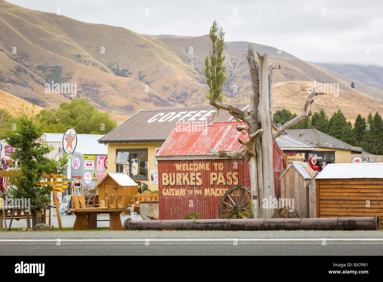 Burkes Pass, Mackenzie Staat in Canterbury, Neuseeland. Stockfoto