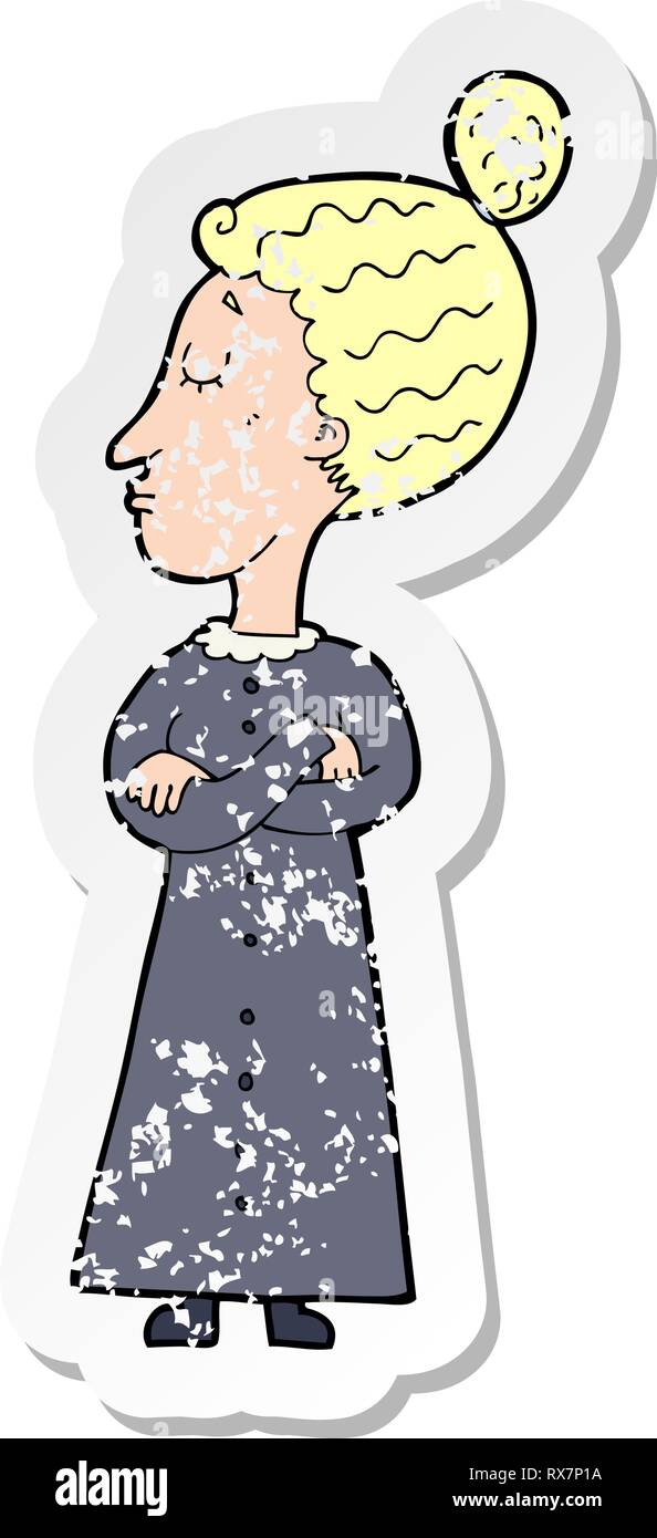 Retro distressed Aufkleber einer Cartoon strenge viktorianische Lehrer Stock Vektor