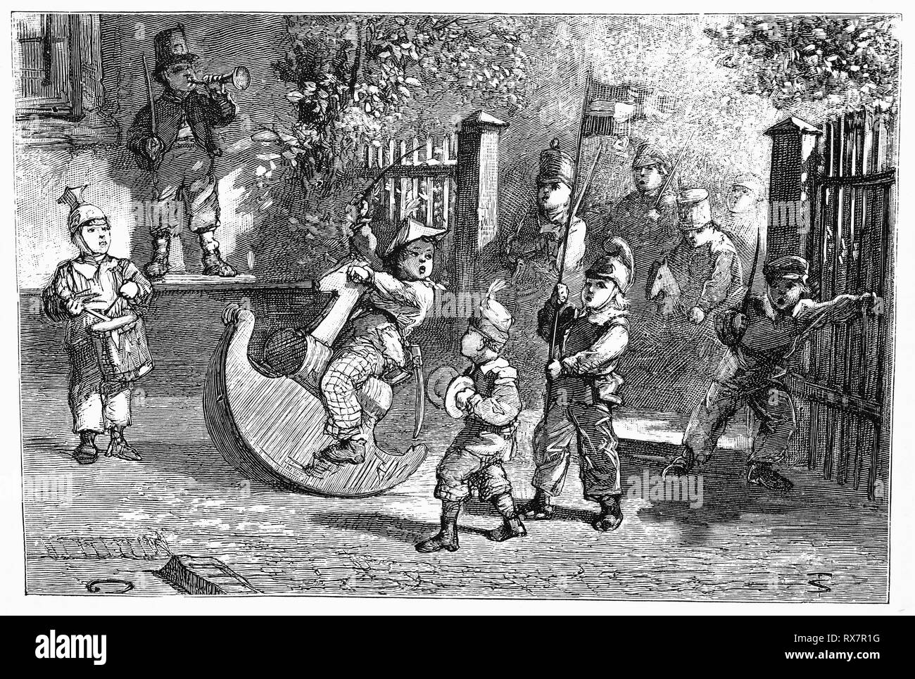 19 niederländischen Jungen spielen bei Soldaten mit Gewehren, tin Schwert, militärische Band Instrumente und ein Schaukelpferd in Haarlem, Niederlande. Von der Camera Obscura, eine Sammlung von Niederländischen humorvoll - realistische Essays, Erzählungen und Skizzen, in denen Hildebrand, der Autor, einen ironischen Blick auf das Verhalten der "well-to-do' nimmt, finden Sie bürgerlichen und ohne ein gutes Wort für Sie. Stockfoto