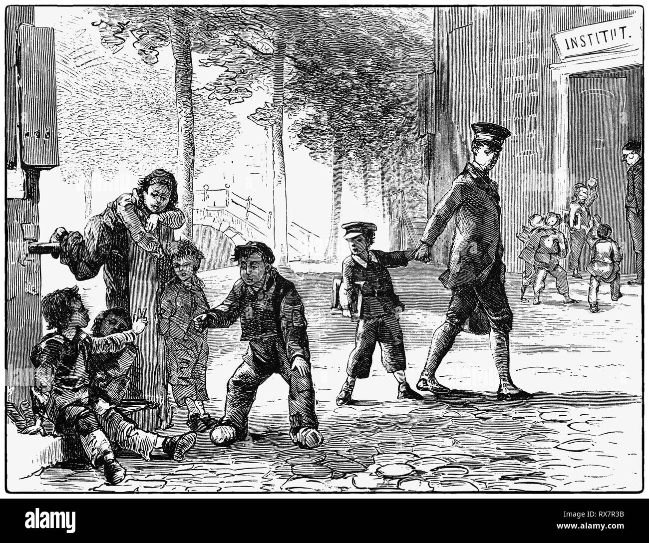 Kinder auf dem Spielplatz einer Schule in Haarlem, Niederlande. Aus dem 19. Jahrhundert Camera Obscura, eine Sammlung von Niederländischen humorvoll - realistische Essays, Erzählungen und Skizzen, in denen Hildebrand, der Autor, einen ironischen Blick auf das Verhalten der "well-to-do' nimmt, finden Sie bürgerlichen und ohne ein gutes Wort für Sie. Stockfoto