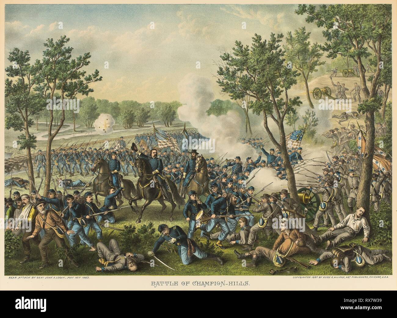 Die Schlacht von Meister Hügel. Unbekannter Künstler; veröffentlicht von Kurz und Allison (Amerikaner, in Chicago gegründet, 1880). Datum: 1887. Abmessungen: 448 x 635 mm (Bild, Blick); 480 x 650 mm (Blatt, Augen). Farblithographie auf Off-white webte Papier. Herkunft: USA. Museum: Das Chicago Art Institute. Thema: Kurz- und Allison. Stockfoto