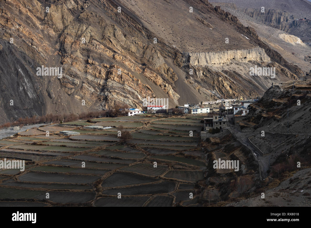 Die Landschaft und das Kloster von Kagbeni, untere Mustang Stockfoto