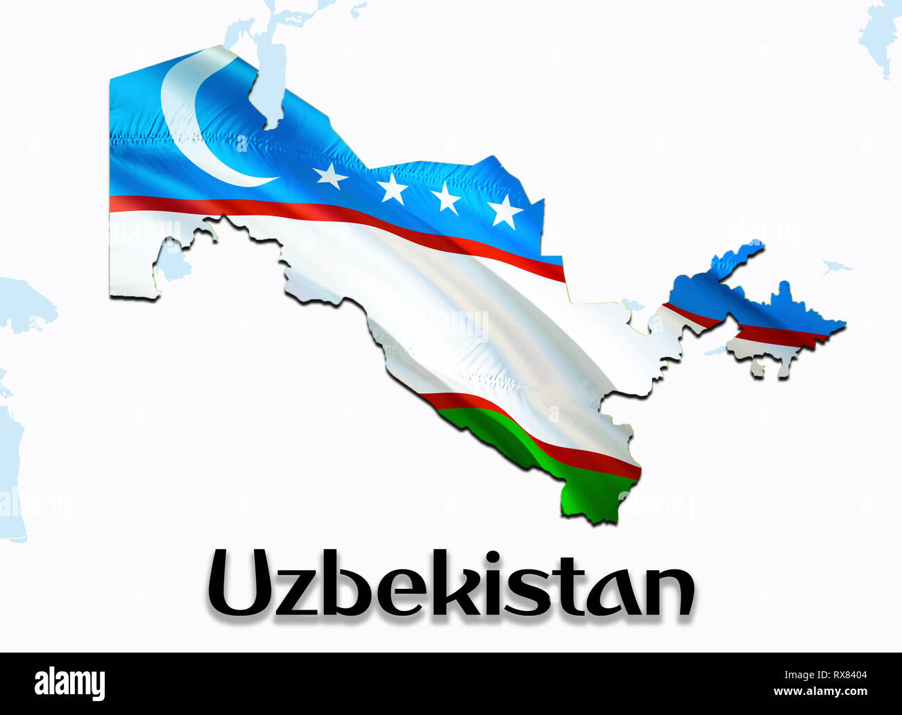 Flagge Karte von Usbekistan. 3D-rendering Usbekistan Karte und Flagge auf Asien Karte. Das nationale Symbol der Republik Usbekistan. Karte ‎Tashkent Flagge Hintergrundbild downl Stockfoto