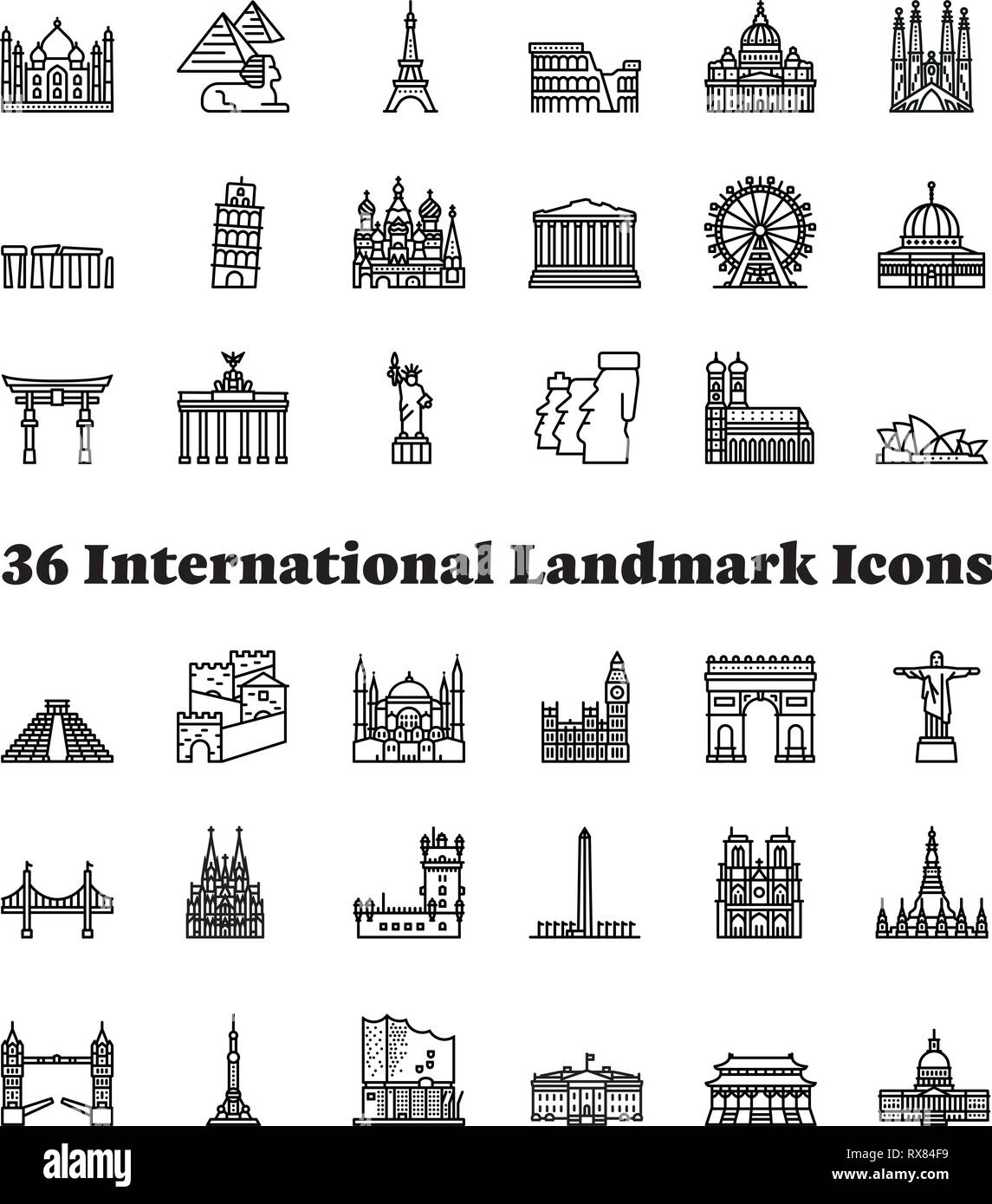 Satz von 36 internationalen Wahrzeichen Symbole. Reisen, Tourismus und Sehenswürdigkeiten Abbildungen Stock Vektor