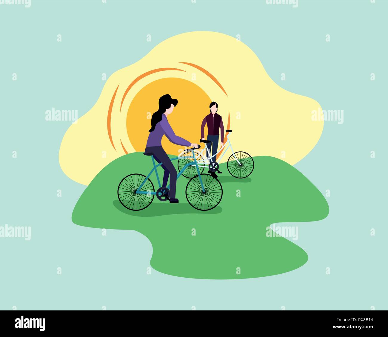 frau klemmt kind mit rucksack auf fahrrad ein cartoon