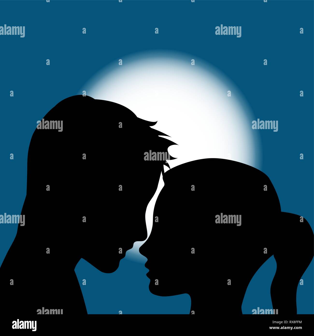 Vector Illustration Liebhaber. Silhouette des Mannes und der Frau mit dem Mond. Hintergrund Stock Vektor
