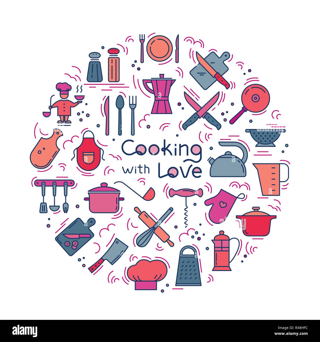 Kochen mit Liebe kreisförmigen Hintergrund von Symbolen auf das Thema der Küche und Kochen mit Schriftzug. Hintergrund für die Dekoration der Menü von Stock Vektor