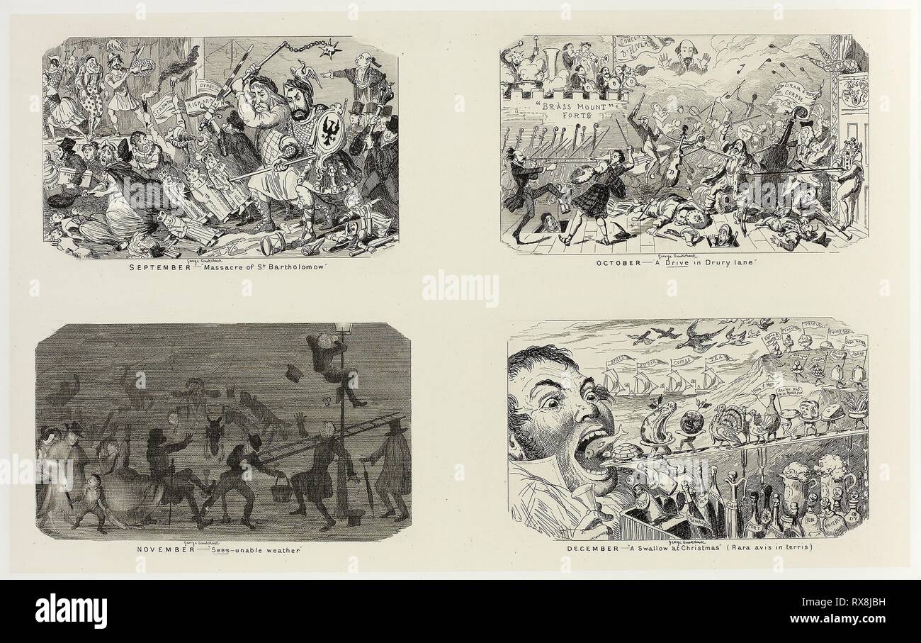 September - 'Massacre St. Bartholomäus' von George Cruikshank Stahl Radierungen auf den Comic Almanacks: 1835-1853 (oben links). George Cruikshank (Englisch, 1792-1878); von Pickering & Amp; Chatto (Englisch, 19. Jahrhundert). Datum: 1841. Abmessungen: 206 × 332 mm (Primary Support); 346 × 507 mm (sekundäre) unterstützen. Vier stahl Radierungen in Schwarz auf Creme Indien Papier, legte sich auf Off-white Card (chine collé). Herkunft: England. Museum: Das Chicago Art Institute. Stockfoto