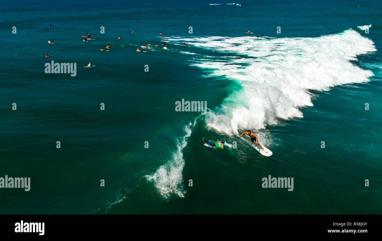 Antenne. Surfer. Hikkaduwa, Sri Lanka. Stockfoto