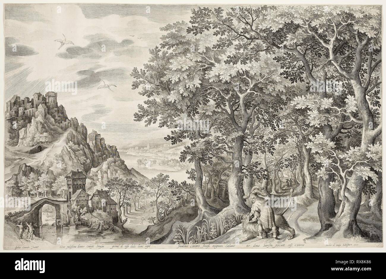 Simson tötet den Löwen. Nicolaes de Bruyn (Flämisch, 1571-1656); Nach: Preti (Niederländischen, C. 1544-1607). Datum: 1603. Abmessungen: 442 × 688 mm. Gravur in Schwarz auf Elfenbein Bütten. Herkunft: Flandern. Museum: Das Chicago Art Institute. Stockfoto