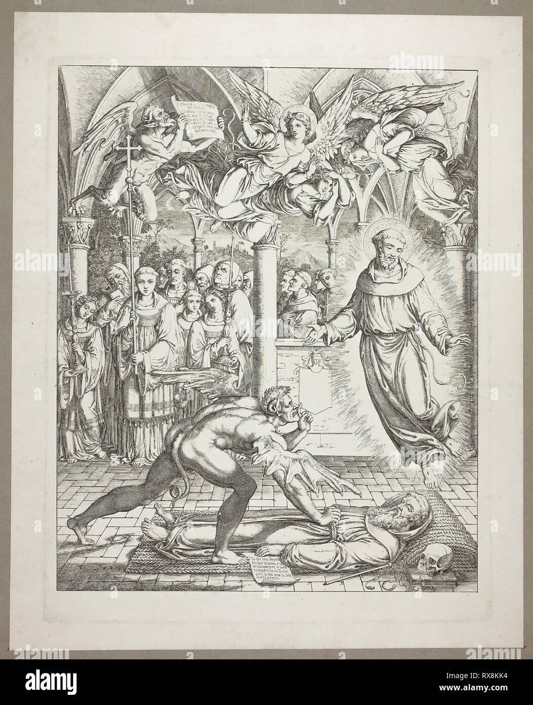 Der Kampf zwischen dem Teufel und dem Hl. Franziskus von Assisi für die Seele von Guido da Montefeltro, Platte drei aus Darstellungen aus Dantes Hölle. Joseph Anton Koch; Deutsch, 1768-1839. Datum: 1807-1808. Abmessungen: 400 x 316 mm. Radierung auf Papier. Herkunft: Deutschland. Museum: Das Chicago Art Institute. Stockfoto