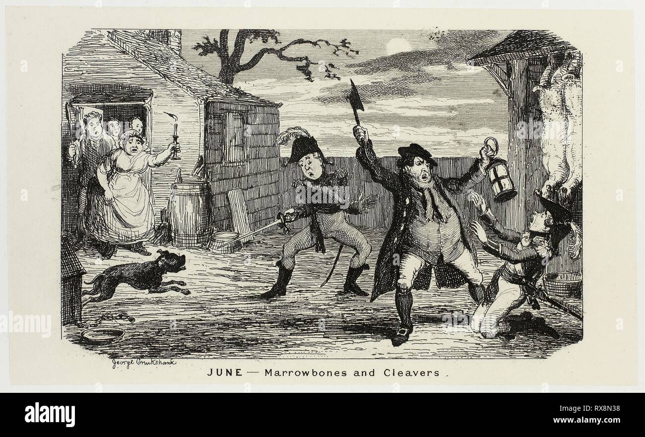 Juni - Marrowbones und Hackmesser von George Cruikshank Stahl Radierungen auf den Comic Almanacks: 1835-1853. George Cruikshank (Englisch, 1792-1878); von Pickering & Amp; Chatto (Englisch, 19. Jahrhundert). Datum: 1839. Abmessungen: 93 × 156 mm (Primary Support); 222 × 286 mm (sekundäre) unterstützen. Stahl ätzen in Schwarz auf Creme Indien Papier, legte sich auf Off-white Card (chine collé). Herkunft: England. Museum: Das Chicago Art Institute. Stockfoto