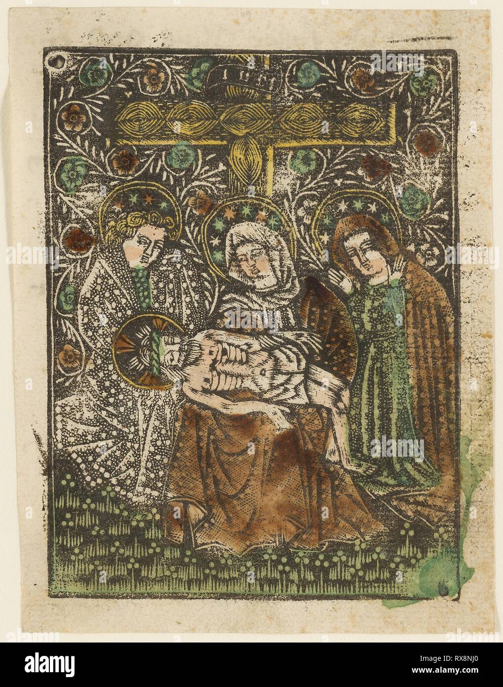 Die Pietà. Künstler unbekannt; Bayerische, aus dem 15. Jahrhundert. Datum: 1460-1465. Abmessungen: 100 x 75 mm (Platte); 105 × 80 mm (Blatt). Metalcut in schwarze Hand gefärbt mit Pinsel und Aquarell in gelb, rot-braunen See und Grün, auf Elfenbein Bütten, mit Manuskript Text in Stift und brauner Tinte auf der Rückseite. Herkunft: Deutschland. Museum: Das Chicago Art Institute. Stockfoto