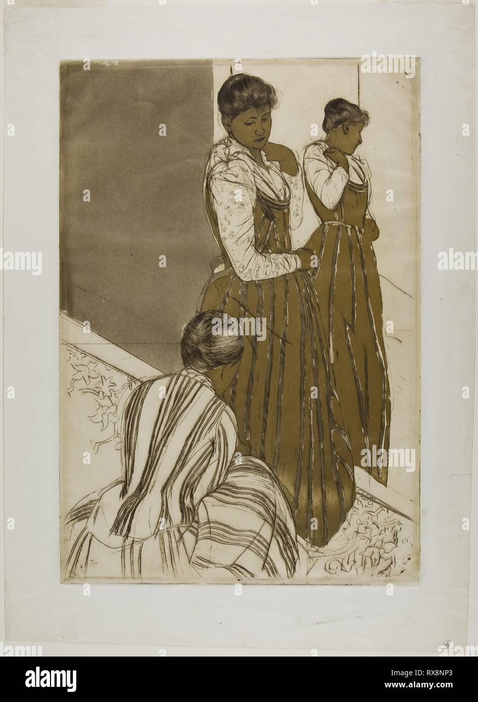 Die Montage. Mary Cassatt, American, 1844-1926. Datum: 1889-1891. Abmessungen: 377 x 256 mm (Bild/Platte); 459 x 330 mm (Blatt). Farbe Aquatinta und Kaltnadel auf Off-white webte Papier. Herkunft: USA. Museum: Das Chicago Art Institute. Stockfoto